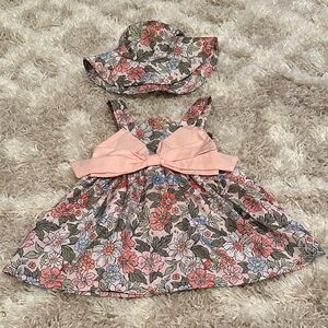Baby Floral Dress and Hat Set with Pink Bow